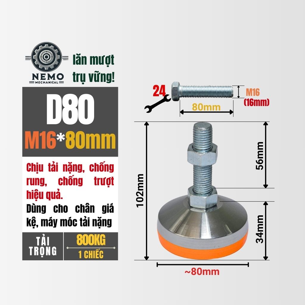 Chân Tăng Chỉnh Chịu Tải Siêu Nặng – Hệ Bulong M16/M20, Chịu Tải 3 Tấn (Bát Thép Mạ Crom)